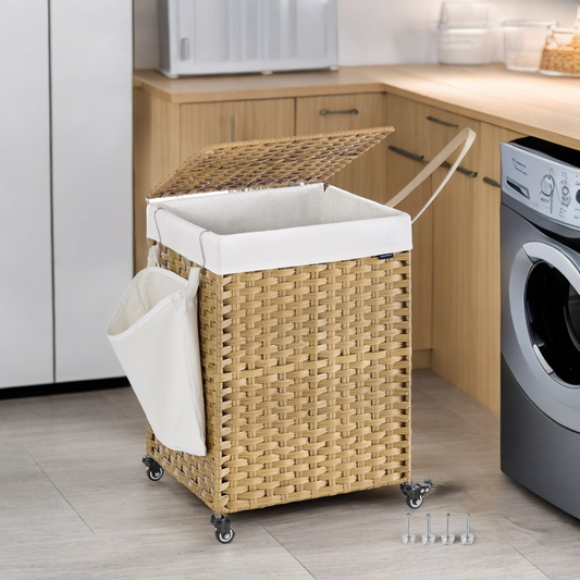 31.7-Gallon Rolling Laundry Hamper with Wheels & Removable Liner, Foldable Rattan Design, for Bedroom/Home, Natural Color