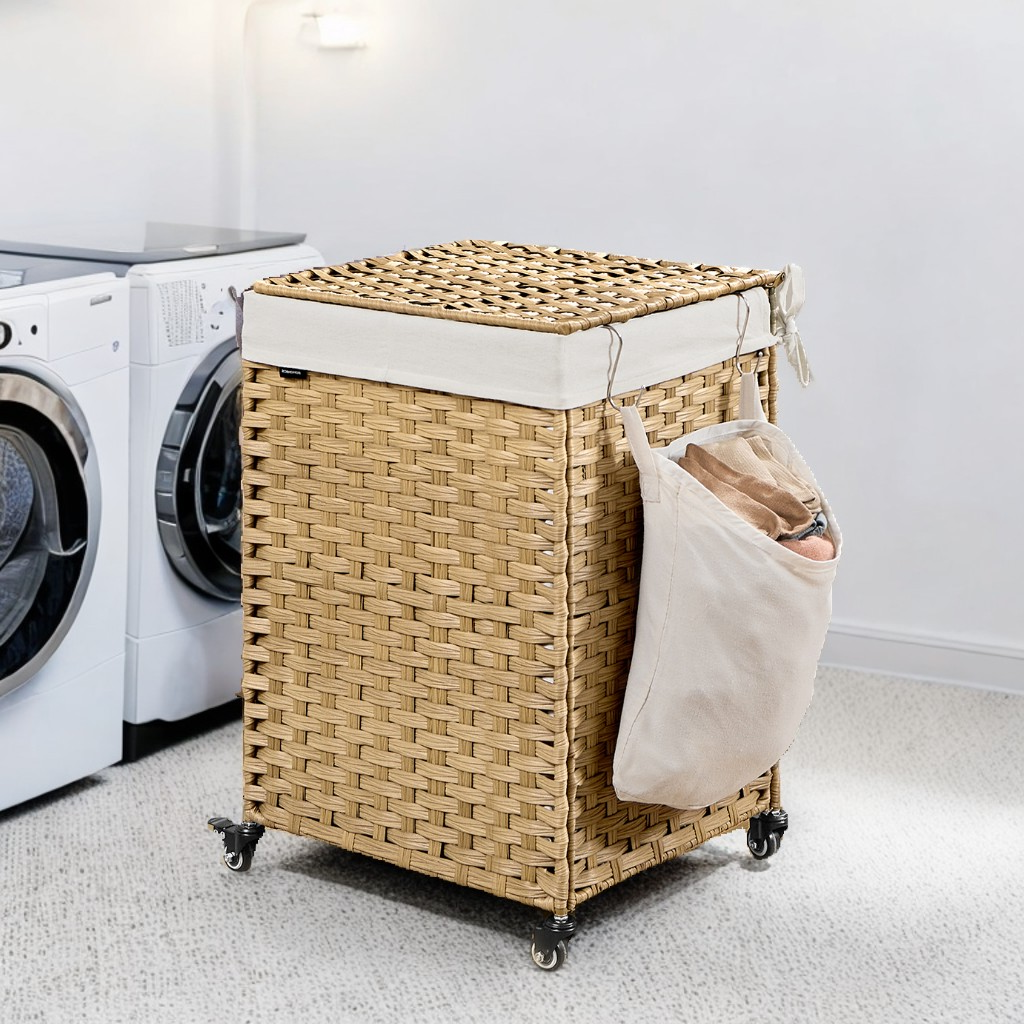 31.7-Gallon Rolling Laundry Hamper with Wheels & Removable Liner, Foldable Rattan Design, for Bedroom/Home, Natural Color