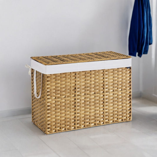 52.8-Gallon Foldable Laundry Hamper with Lid, Removable Liner, Rattan Design, Space-Saving, Goose Yellow