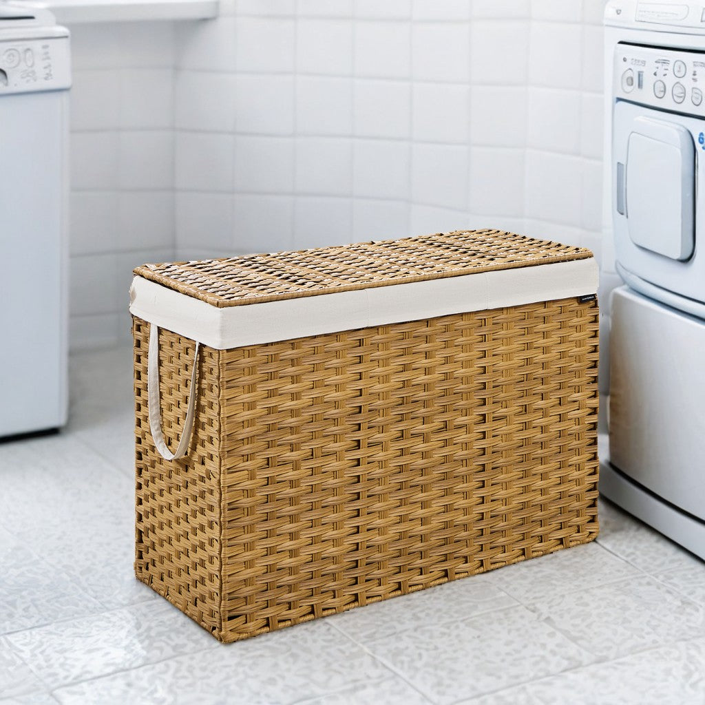 52.8-Gallon Foldable Laundry Hamper with Lid, Removable Liner, Rattan Design, Space-Saving, Goose Yellow