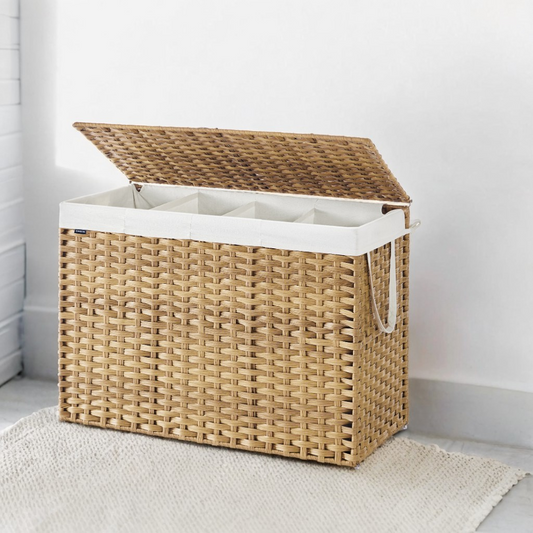 200L Double Laundry Hamper with Lid, 4 Sections & 6 Mesh Bags, Wicker Design, Removable Liners, for Bathroom/Bedroom, Natural