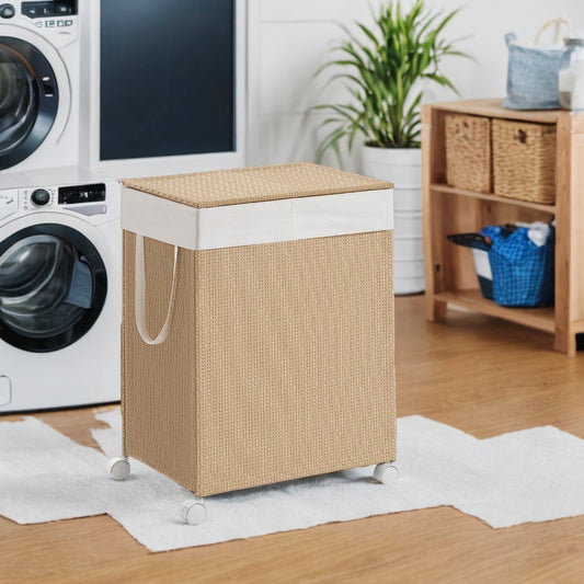 2-Section Rolling Laundry Hamper with Lid, 100L Capacity, Wheels & Removable Liner, Rattan Design, Natural Beige and Matte White