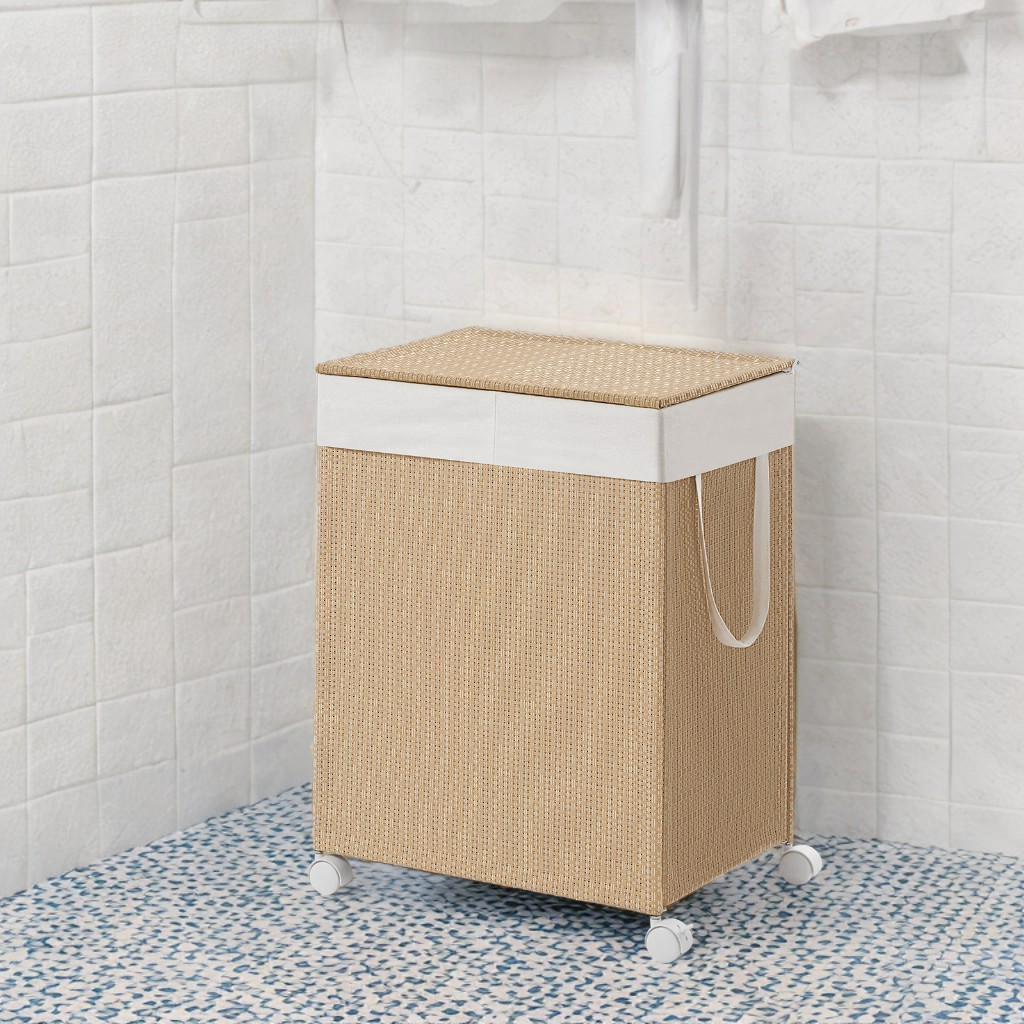 2-Section Rolling Laundry Hamper with Lid, 100L Capacity, Wheels & Removable Liner, Rattan Design, Natural Beige and Matte White