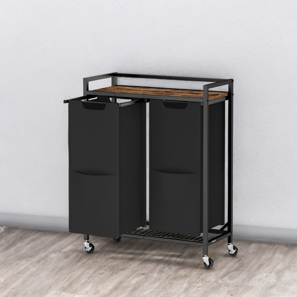 2-Compartment Rolling Laundry Sorter, 29 Gallon Capacity with Shelf & Removable Bags, Steel Frame, Ink Black and Rustic Brown