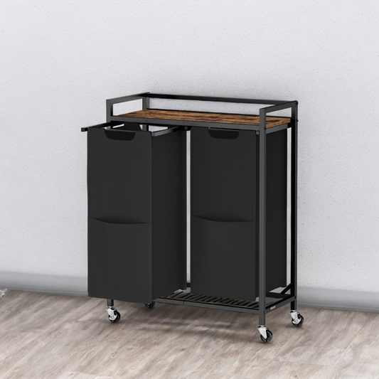 2-Compartment Rolling Laundry Sorter, 29 Gallon Capacity with Shelf & Removable Bags, Steel Frame, Ink Black and Rustic Brown