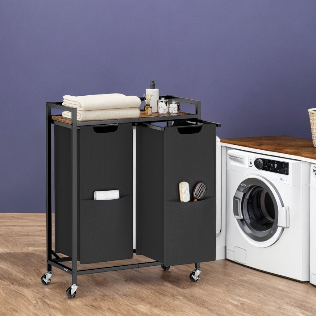 2-Compartment Rolling Laundry Sorter, 29 Gallon Capacity with Shelf & Removable Bags, Steel Frame, Ink Black and Rustic Brown