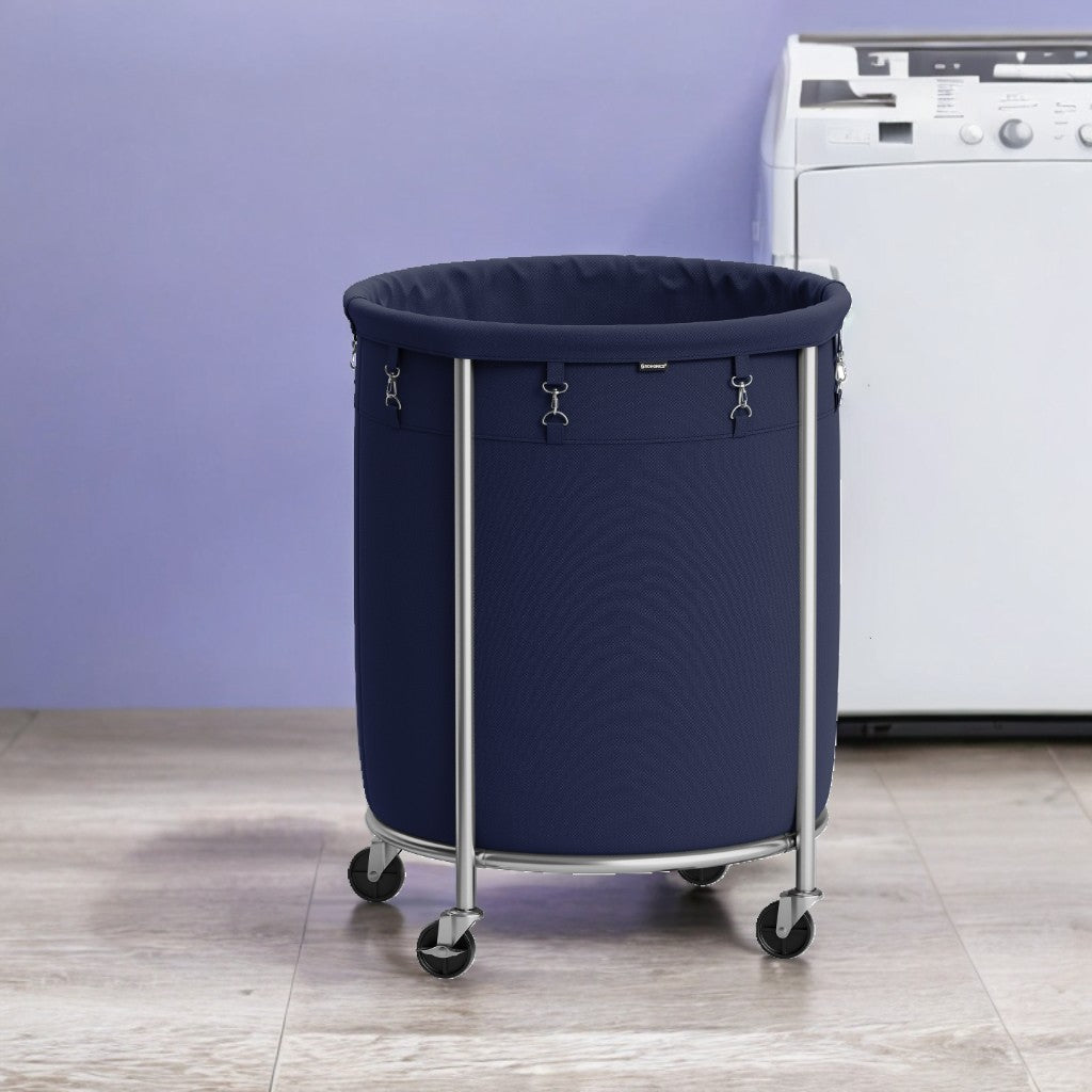 45-Gal Rolling Laundry Hamper with Wheels, Steel Frame & Removable Bag, 4 Casters (2 Brakes), Charcoal Blue and Metallic Silver
