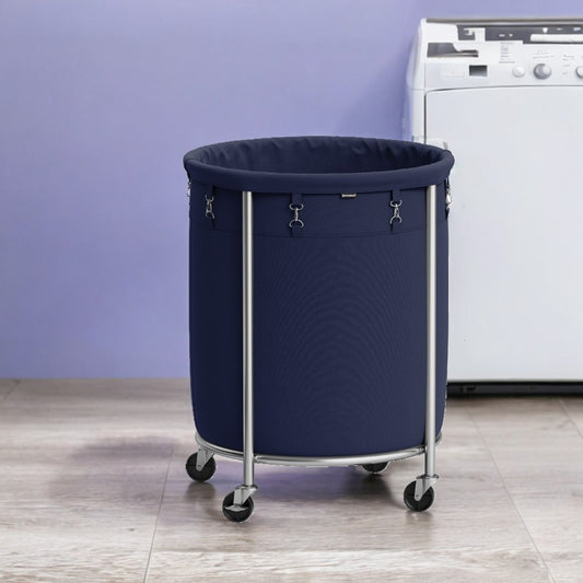 45-Gal Rolling Laundry Hamper with Wheels, Steel Frame & Removable Bag, 4 Casters (2 Brakes), Charcoal Blue and Metallic Silver