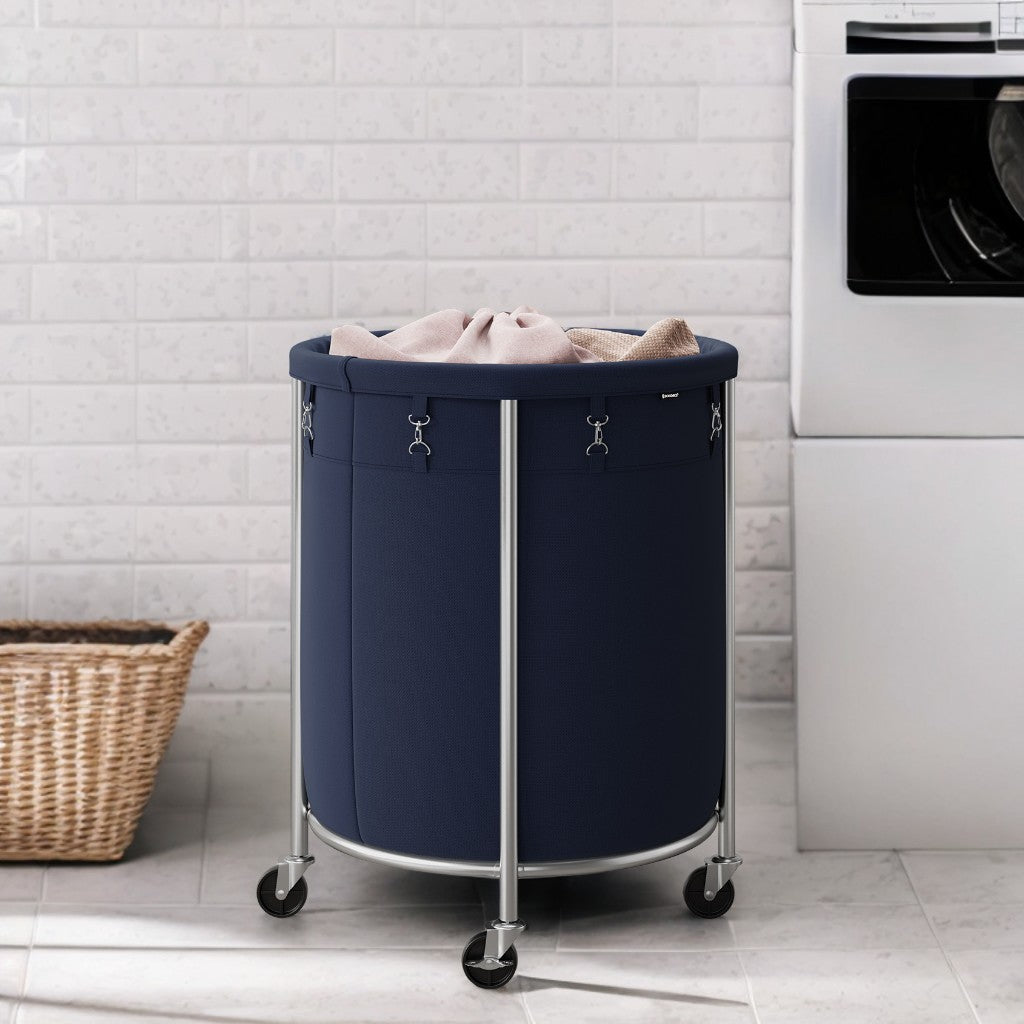 45-Gal Rolling Laundry Hamper with Wheels, Steel Frame & Removable Bag, 4 Casters (2 Brakes), Charcoal Blue and Metallic Silver