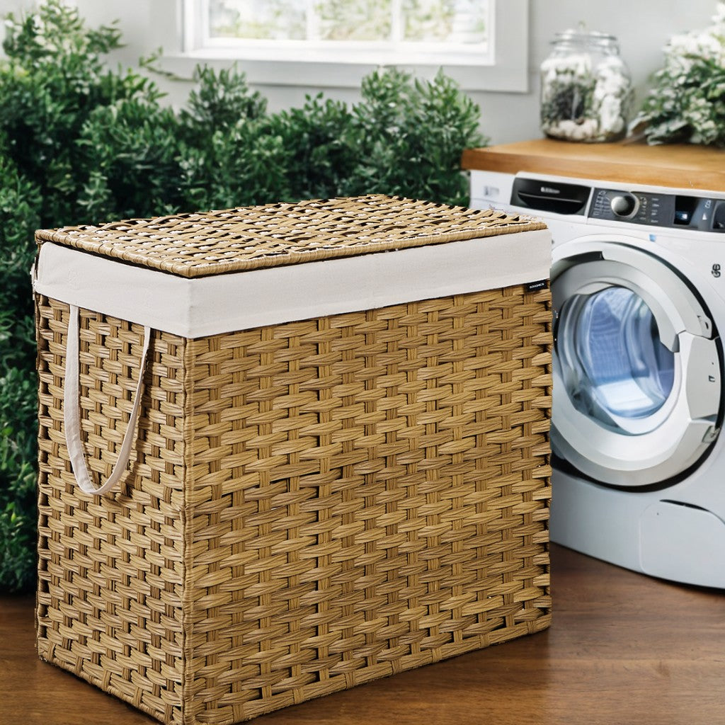 42.3-Gal Foldable Laundry Hamper with Lid & Wheels, Removable Liner, Rattan Design, Space-Saving, Goose Yellow