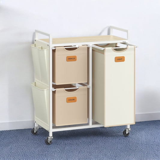 3-Compartment Rolling Laundry Hamper - 26.4 Gal with Removable Liners, 6 Labels, Side Pockets & Locking Wheels - Natural Beige, Camel Brown, Cream White