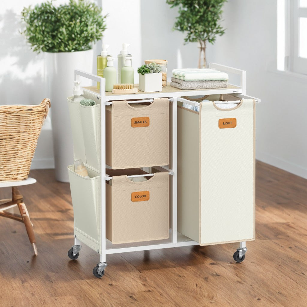 3-Compartment Rolling Laundry Hamper - 26.4 Gal with Removable Liners, 6 Labels, Side Pockets & Locking Wheels - Natural Beige, Camel Brown, Cream White
