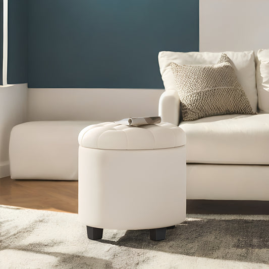 Round Storage Ottoman - 17.7" Foot Rest with Hidden Storage, 330lb Capacity, Linen-Look Upholstery, Non-Slip Feet - for Living Room, Bedroom, Beige
