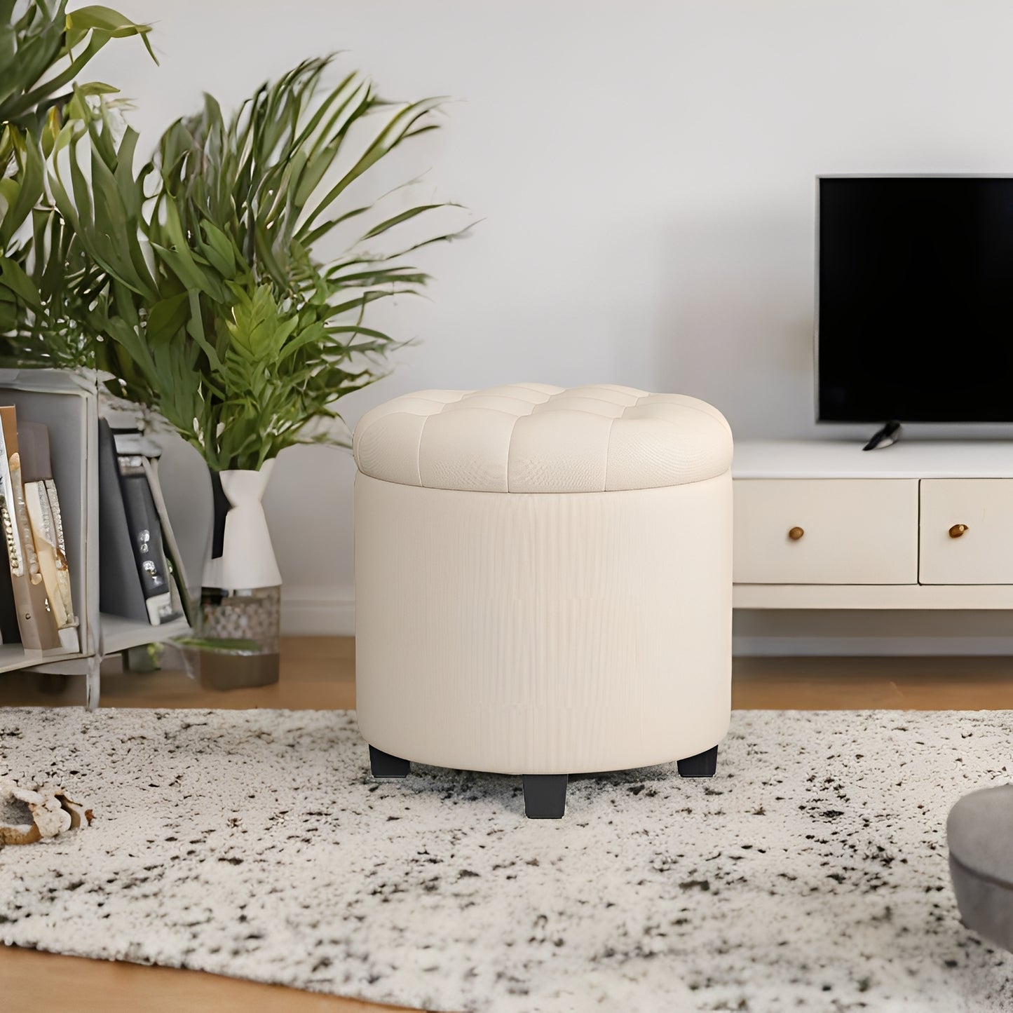 Round Storage Ottoman - 17.7" Foot Rest with Hidden Storage, 330lb Capacity, Linen-Look Upholstery, Non-Slip Feet - for Living Room, Bedroom, Beige