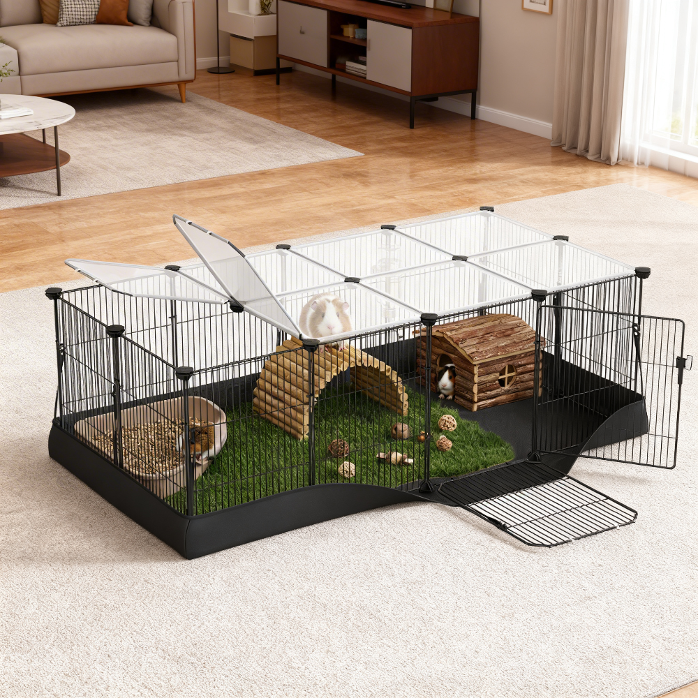 20-Panel Guinea Pig Cage with Waterproof Mat, Small Animal Playpen with Top & Side Doors, for Rabbits, Hamsters, 48.4 x 24.8 x 16.3 Inches, Ink Black