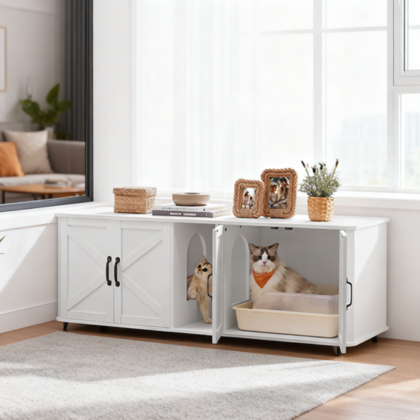 Double Cat Litter Box Enclosure for 2 Cats, Hidden Litter Box Furniture with Front Entry, Side End Table & TV Stand, 59 x 19.5 x 20 Inches, Cloud White