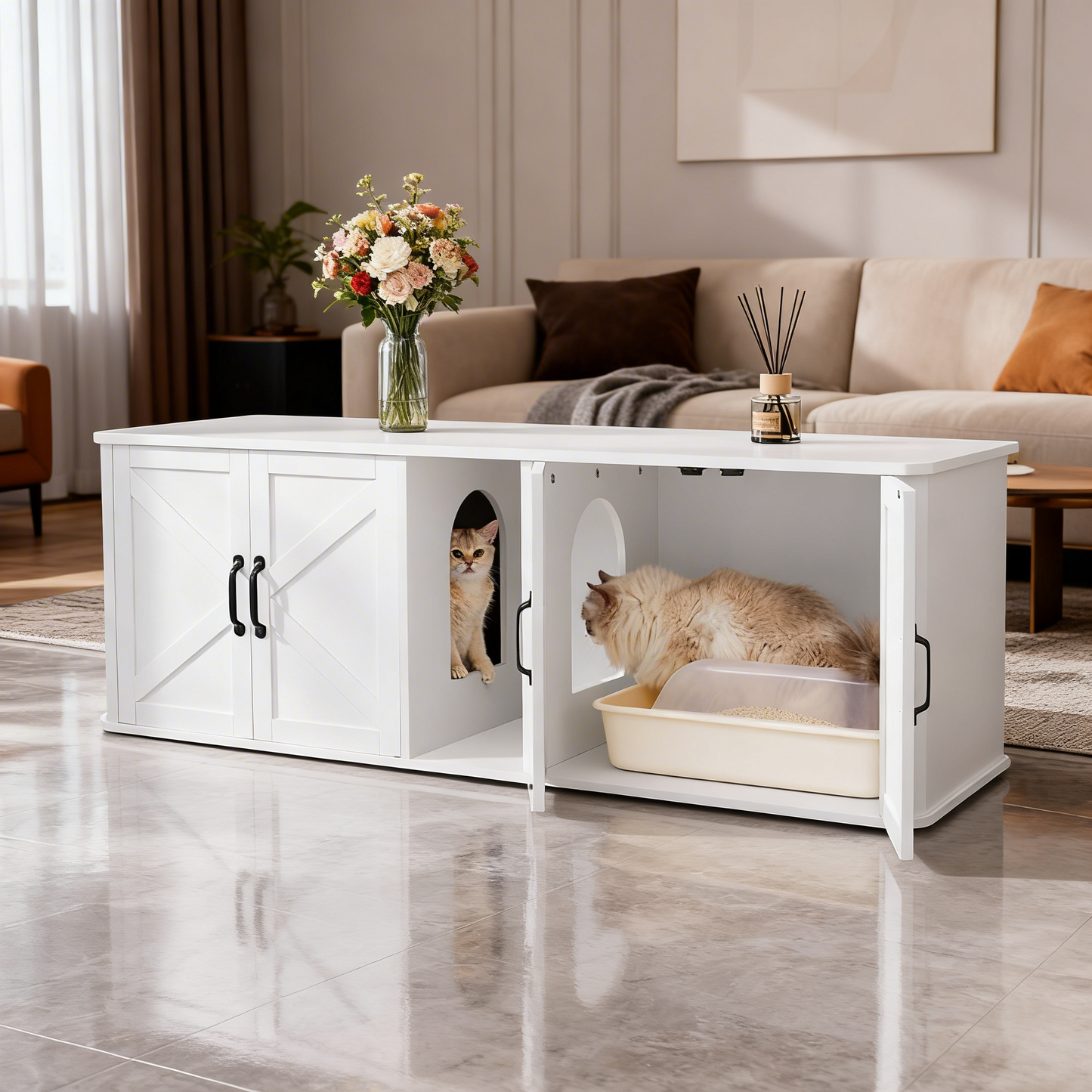 Double Cat Litter Box Enclosure for 2 Cats, Hidden Litter Box Furniture with Front Entry, Side End Table & TV Stand, 59 x 19.5 x 20 Inches, Cloud White
