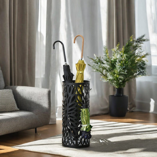 Steel Umbrella Stand, Entryway Organizer with Detachable Drip Tray, 4 Hooks for Canes & Walking Sticks, Freestanding, Matte Black