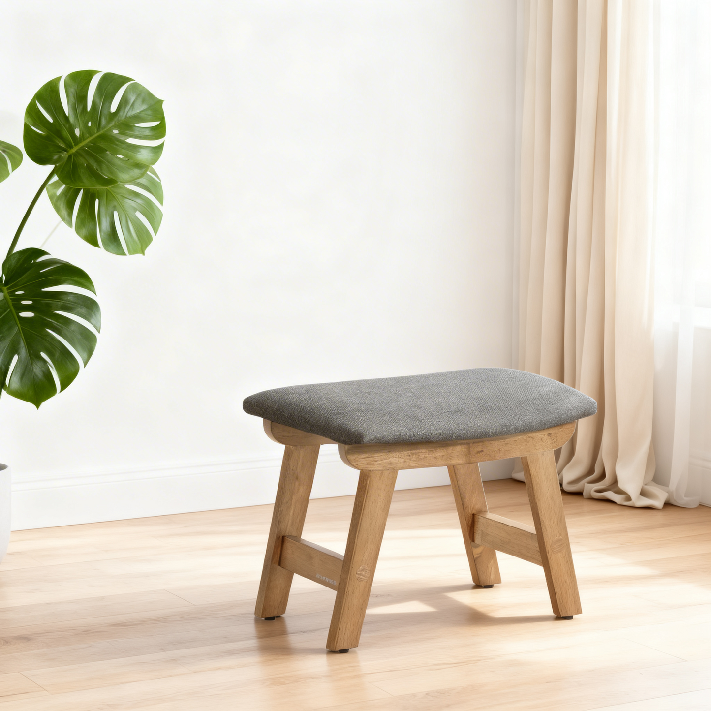 Padded Foot Stool Ottoman with Solid Wood Frame, Curved Cushion Footrest for Under Desk, Living Room, 15.4 x 11.8 x 9.10 Inches, Slate Gray and Brown