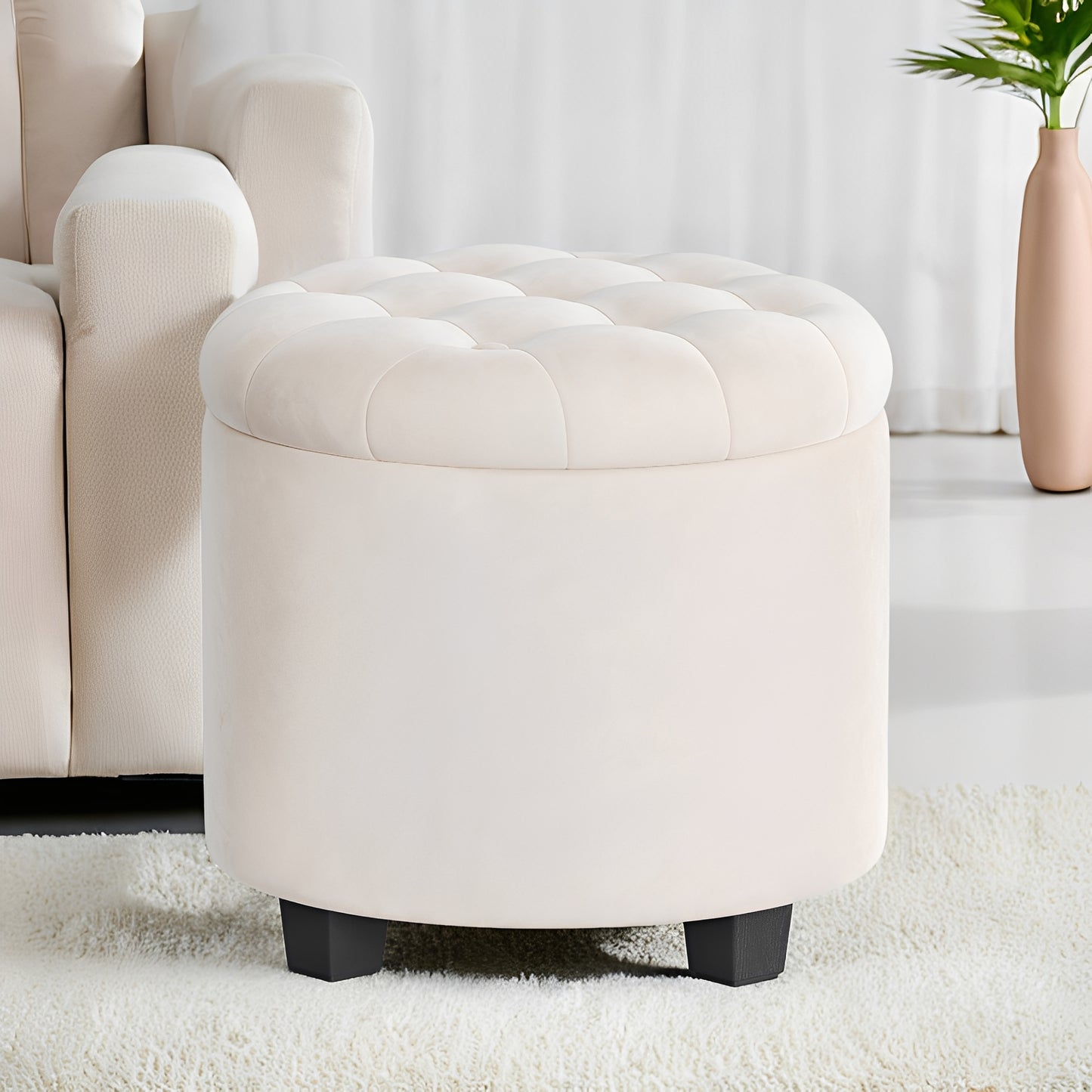 Round Velvet Storage Ottoman - 17.7" Foot Rest Stool with Hidden Compartment, 330lb Capacity, for Living Room, Bedroom, Dorm, Cream White