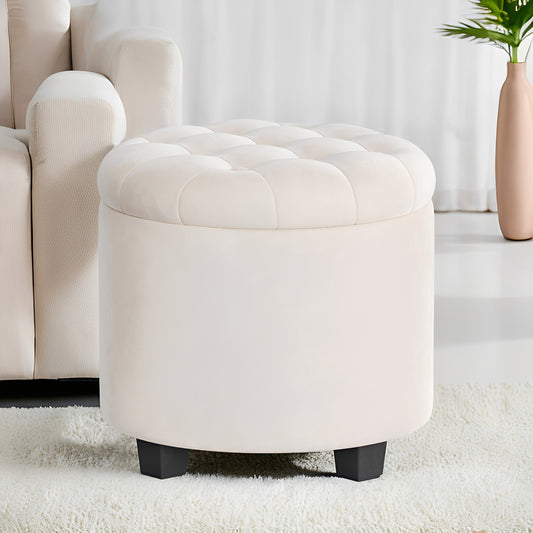 Round Velvet Storage Ottoman - 17.7" Foot Rest Stool with Hidden Compartment, 330lb Capacity, for Living Room, Bedroom, Dorm, Cream White