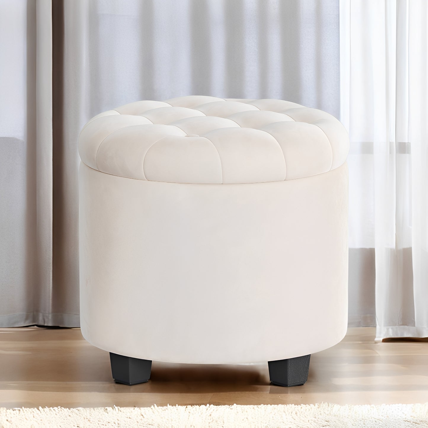 Round Velvet Storage Ottoman - 17.7" Foot Rest Stool with Hidden Compartment, 330lb Capacity, for Living Room, Bedroom, Dorm, Cream White