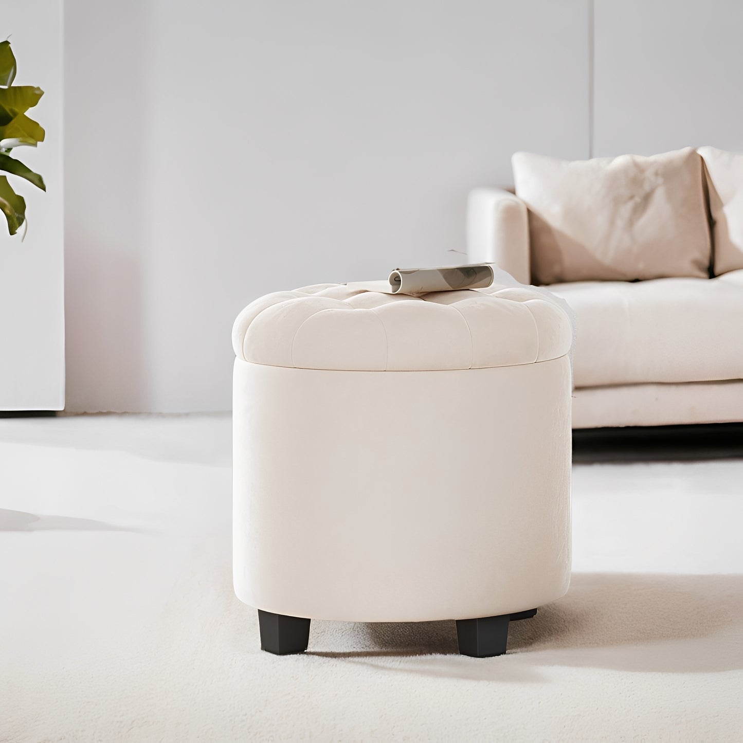 Round Velvet Storage Ottoman - 17.7" Foot Rest Stool with Hidden Compartment, 330lb Capacity, for Living Room, Bedroom, Dorm, Cream White