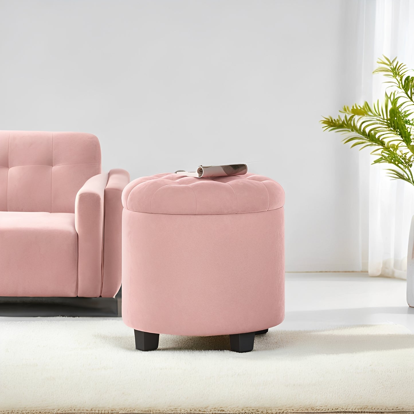 Round Velvet Storage Ottoman - 17.7" Foot Rest Stool with Hidden Compartment, 330lb Capacity, for Living Room, Bedroom, Dorm, Jelly Pink