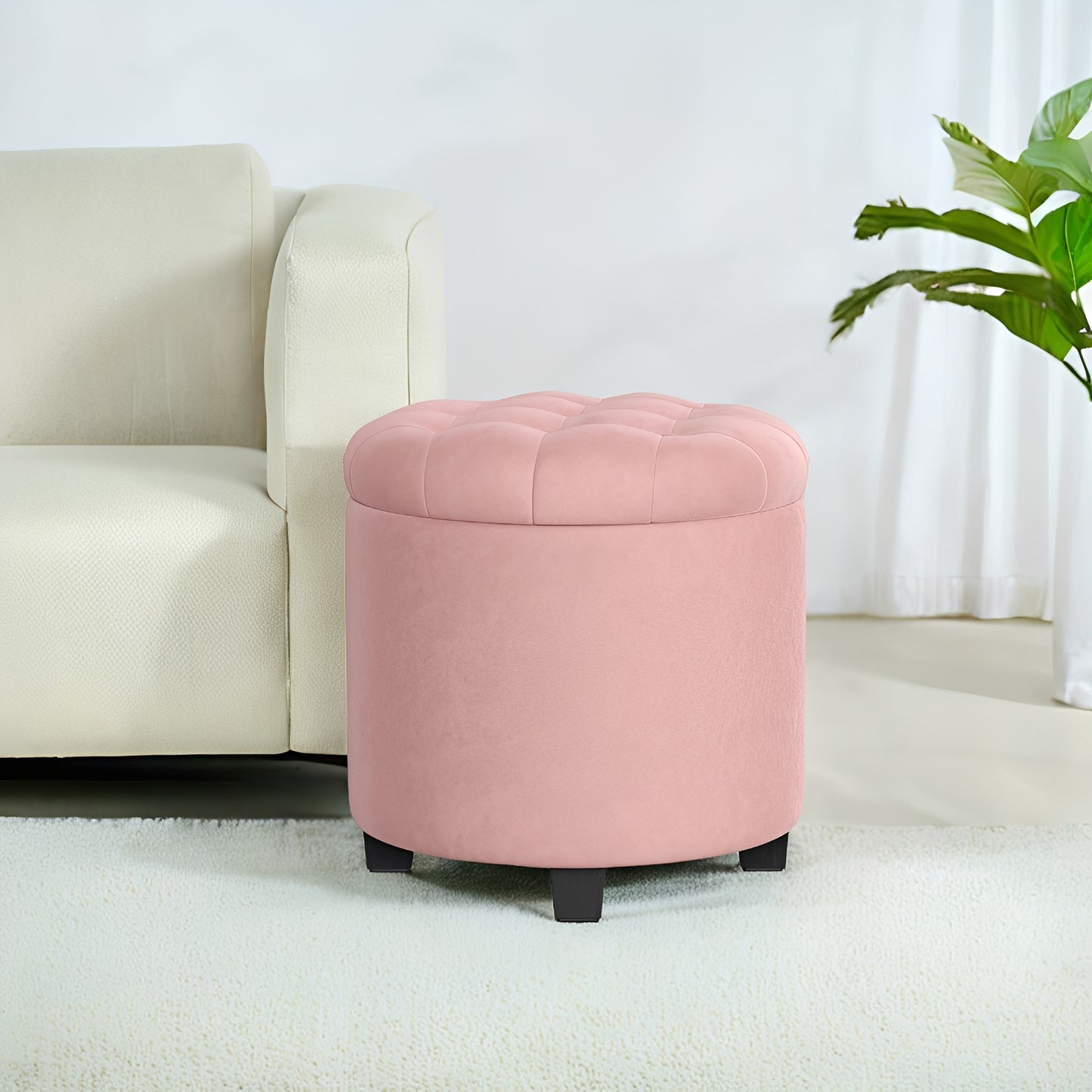 Round Velvet Storage Ottoman - 17.7" Foot Rest Stool with Hidden Compartment, 330lb Capacity, for Living Room, Bedroom, Dorm, Jelly Pink