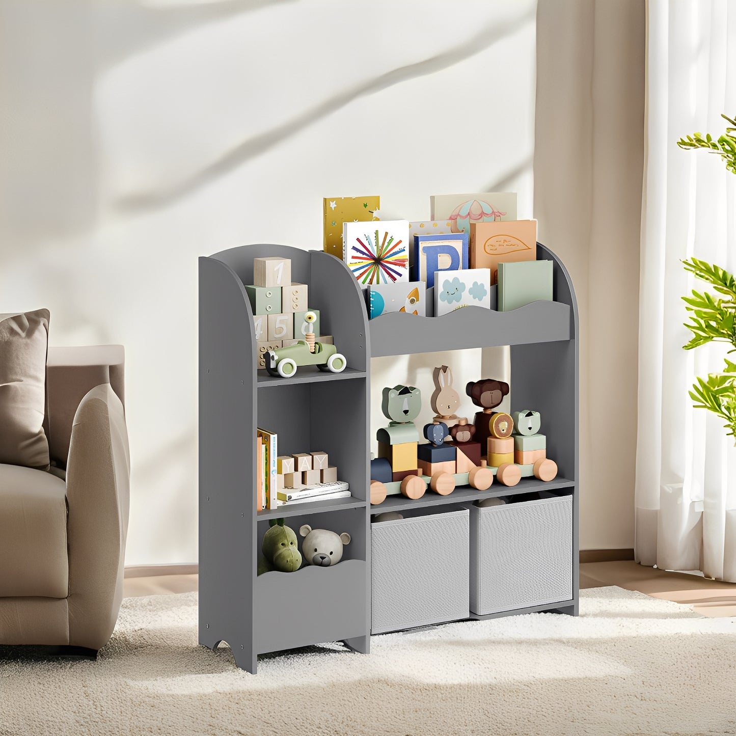 3-in-1 Kids Bookshelf & Toy Organizer with 2 Storage Bins, Multi-Functional Storage Rack for Bedroom, Playroom, Nursery, Dove Gray