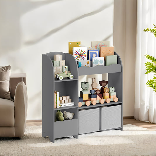 3-in-1 Kids Bookshelf & Toy Organizer with 2 Storage Bins, Multi-Functional Storage Rack for Bedroom, Playroom, Nursery, Dove Gray