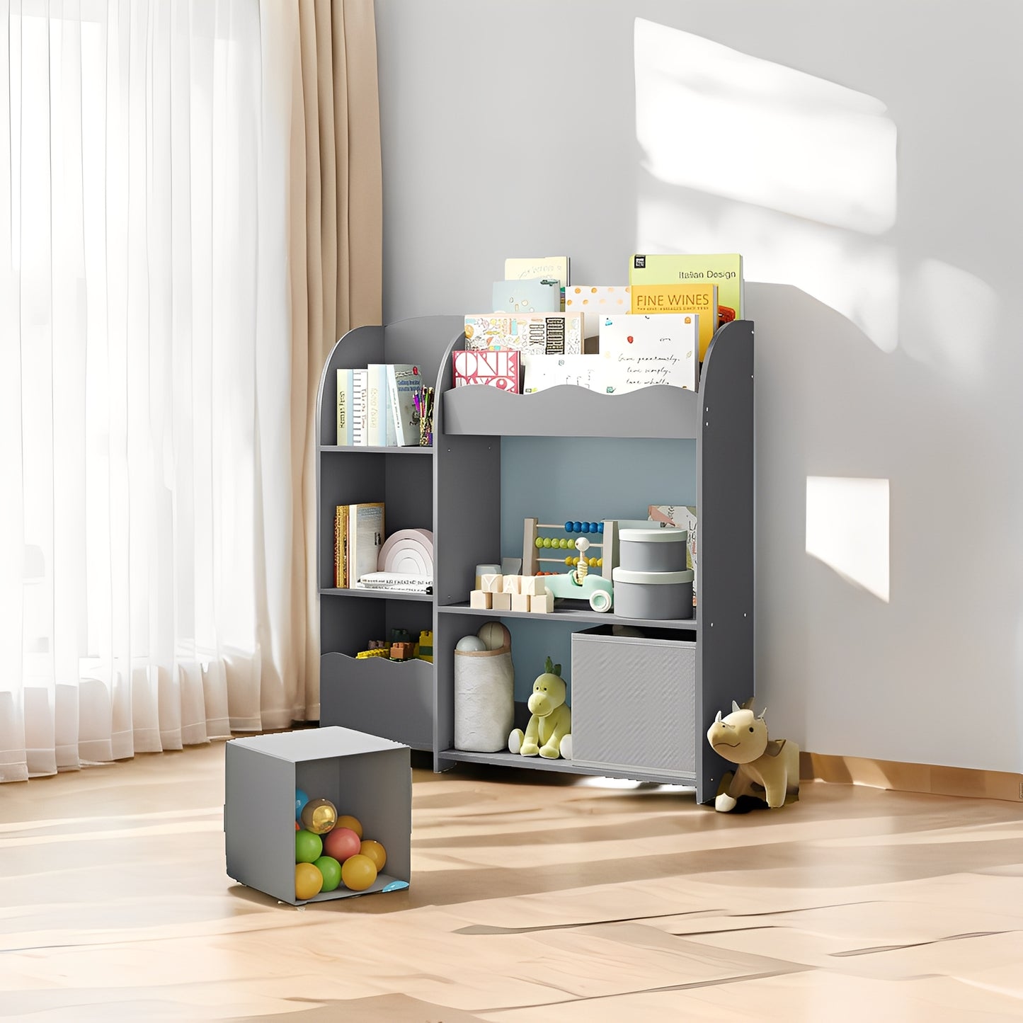 3-in-1 Kids Bookshelf & Toy Organizer with 2 Storage Bins, Multi-Functional Storage Rack for Bedroom, Playroom, Nursery, Dove Gray