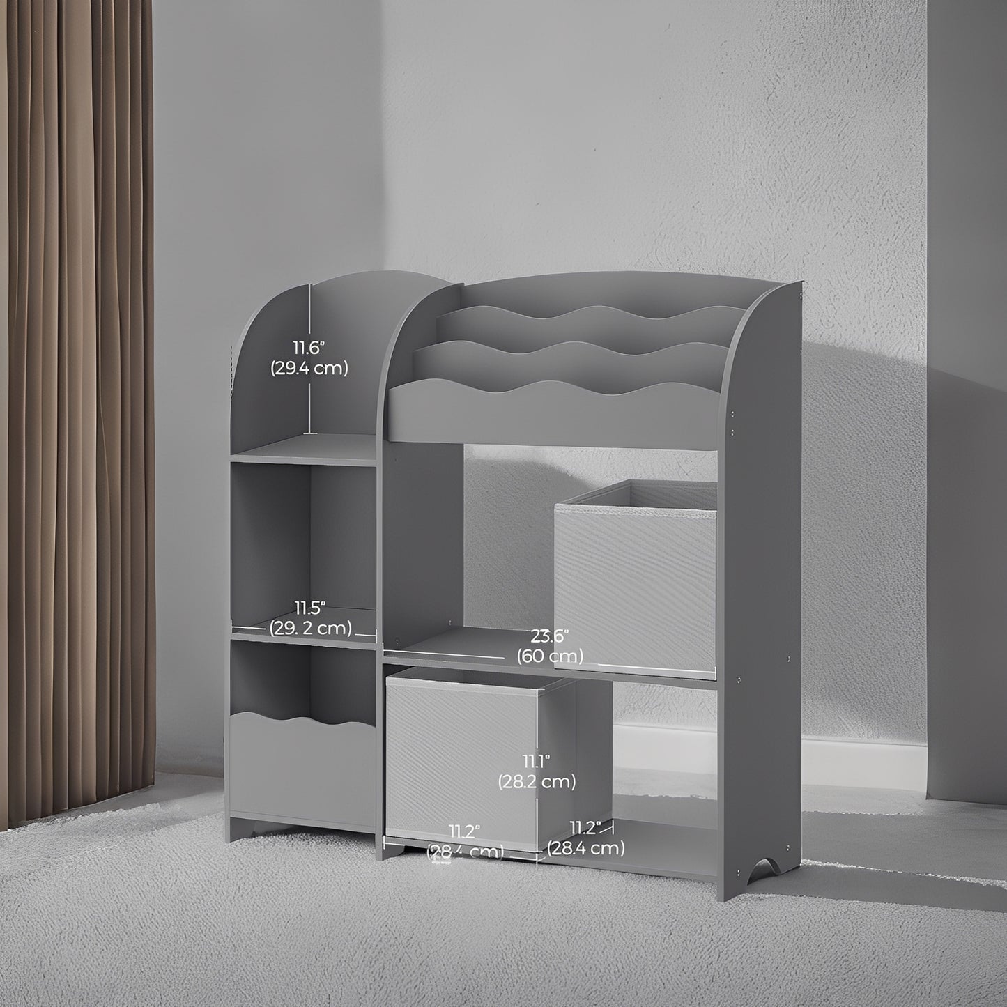 3-in-1 Kids Bookshelf & Toy Organizer with 2 Storage Bins, Multi-Functional Storage Rack for Bedroom, Playroom, Nursery, Dove Gray