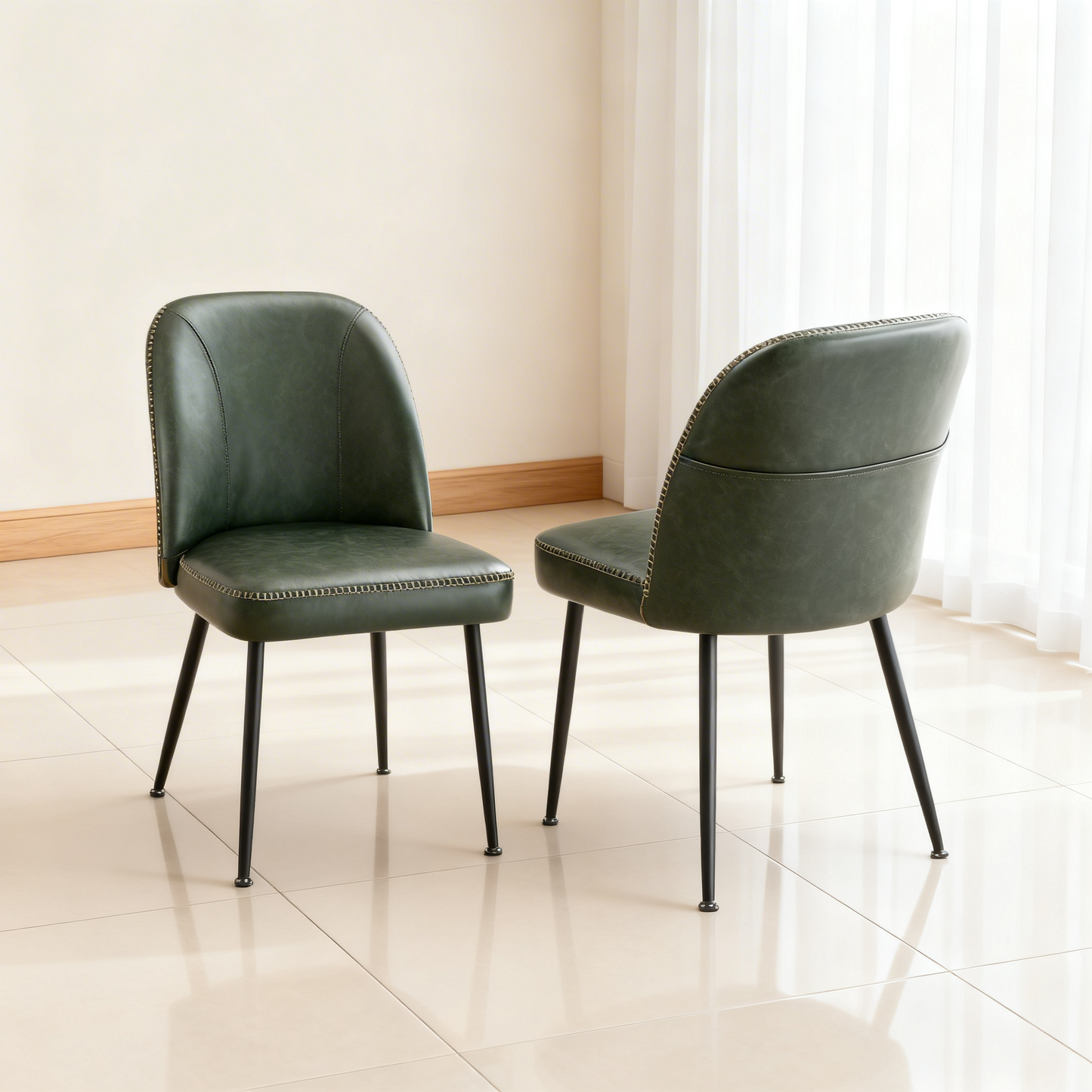 Set of 2 Mid-Century Modern Dining Chairs with Storage Pocket, Upholstered Kitchen Chairs with Synthetic Leather & Stitching, Award-Winning Design, Forest Green