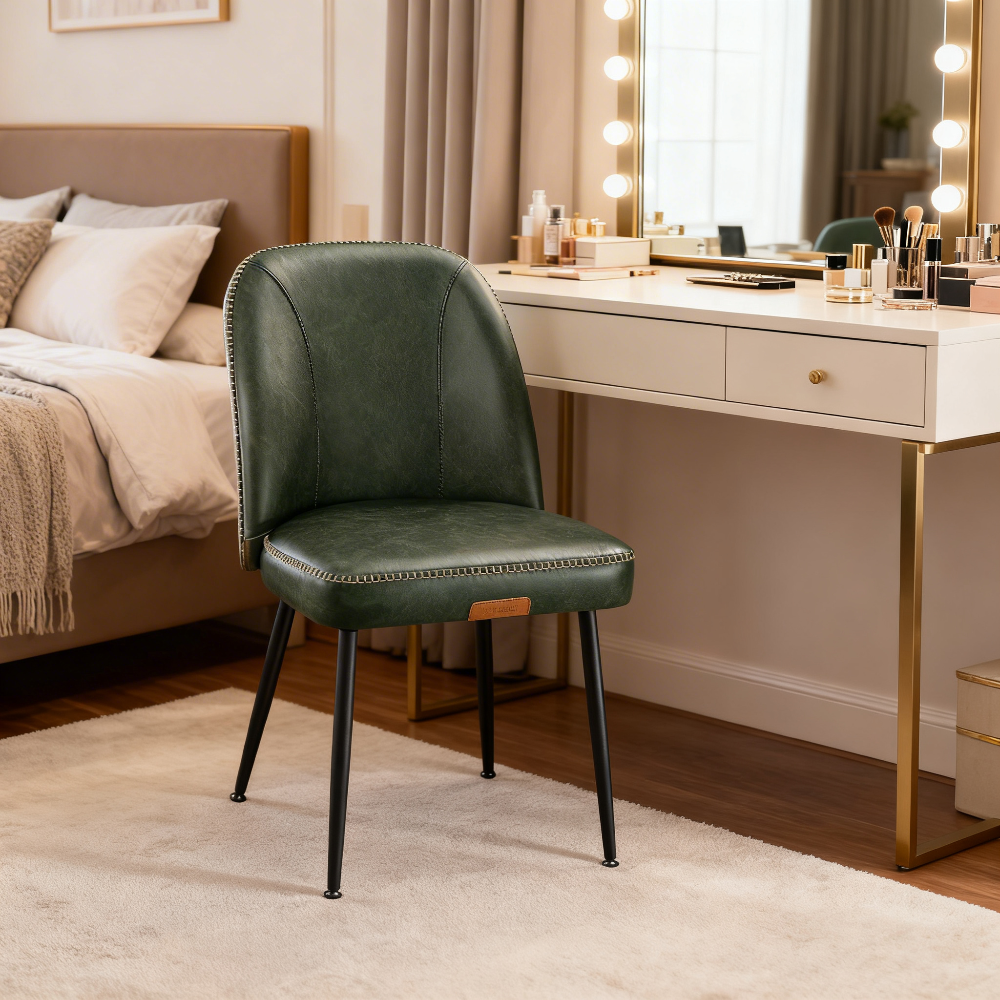 Set of 2 Mid-Century Modern Dining Chairs with Storage Pocket, Upholstered Kitchen Chairs with Synthetic Leather & Stitching, Award-Winning Design, Forest Green