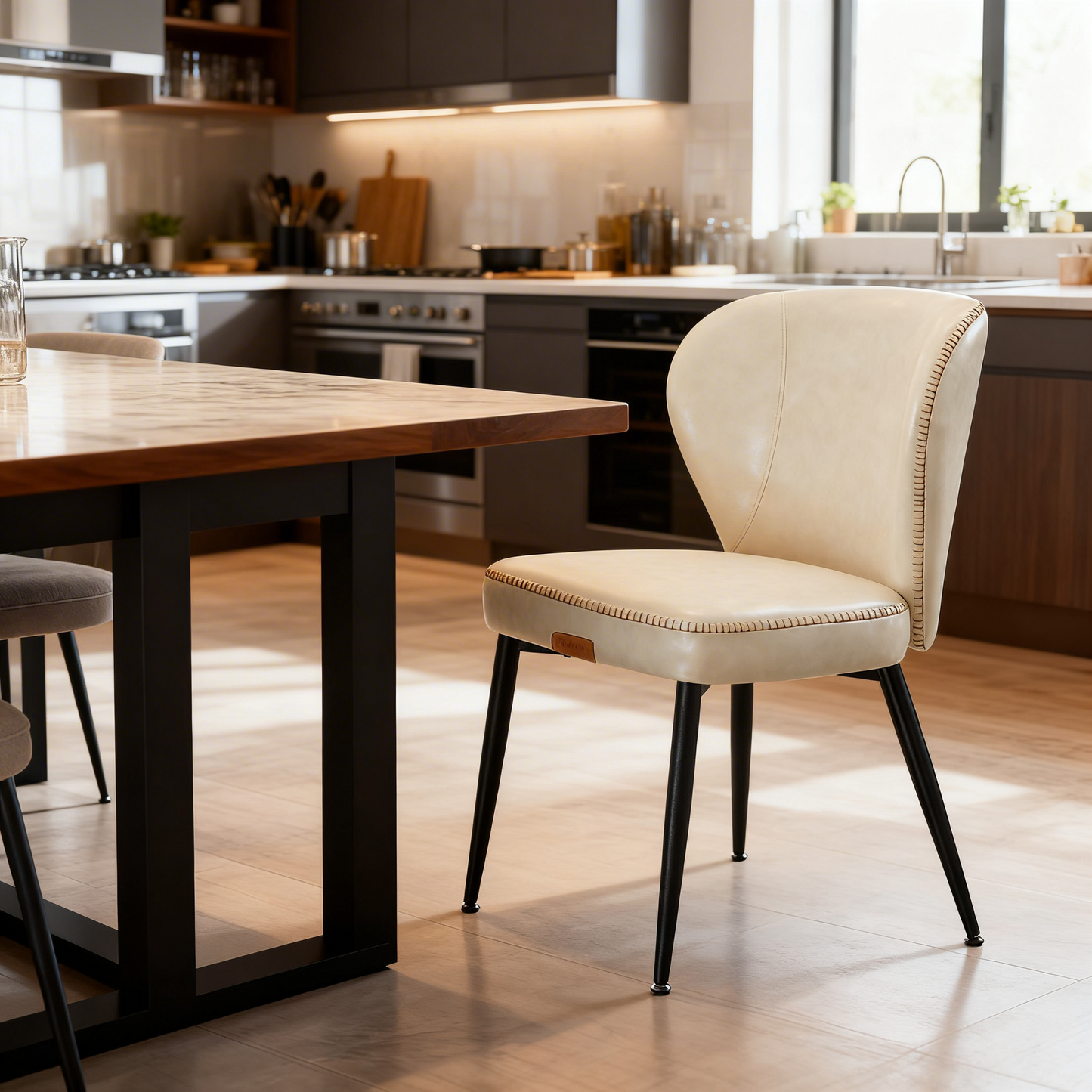 Set of 4 Mid-Century Modern Dining Chairs, Upholstered Kitchen Chairs with Synthetic Leather & Stitching, Award-Winning Design, Cream White