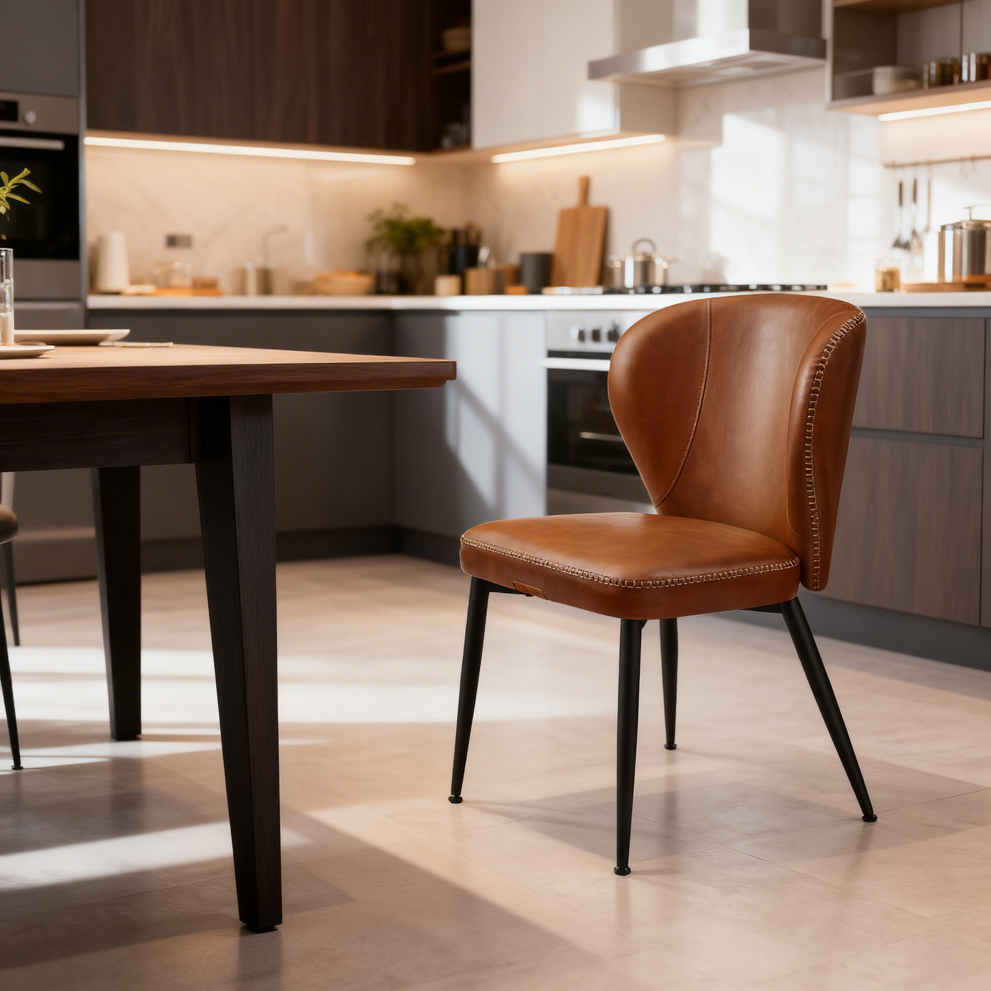 Set of 4 Mid-Century Modern Dining Chairs, Upholstered Kitchen Chairs with Synthetic Leather & Stitching, Award-Winning Design, Caramel Brown
