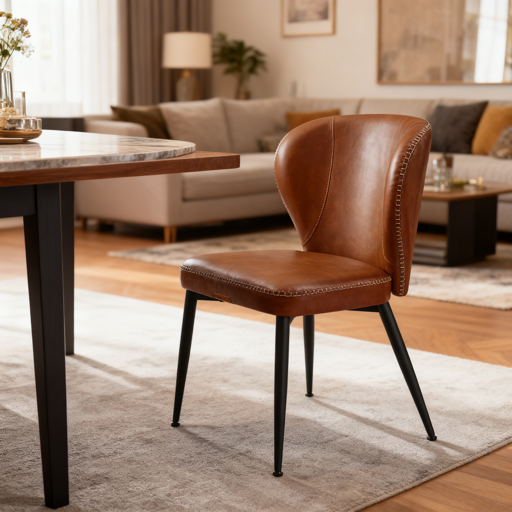 Set of 4 Mid-Century Modern Dining Chairs, Upholstered Kitchen Chairs with Synthetic Leather & Stitching, Award-Winning Design, Caramel Brown