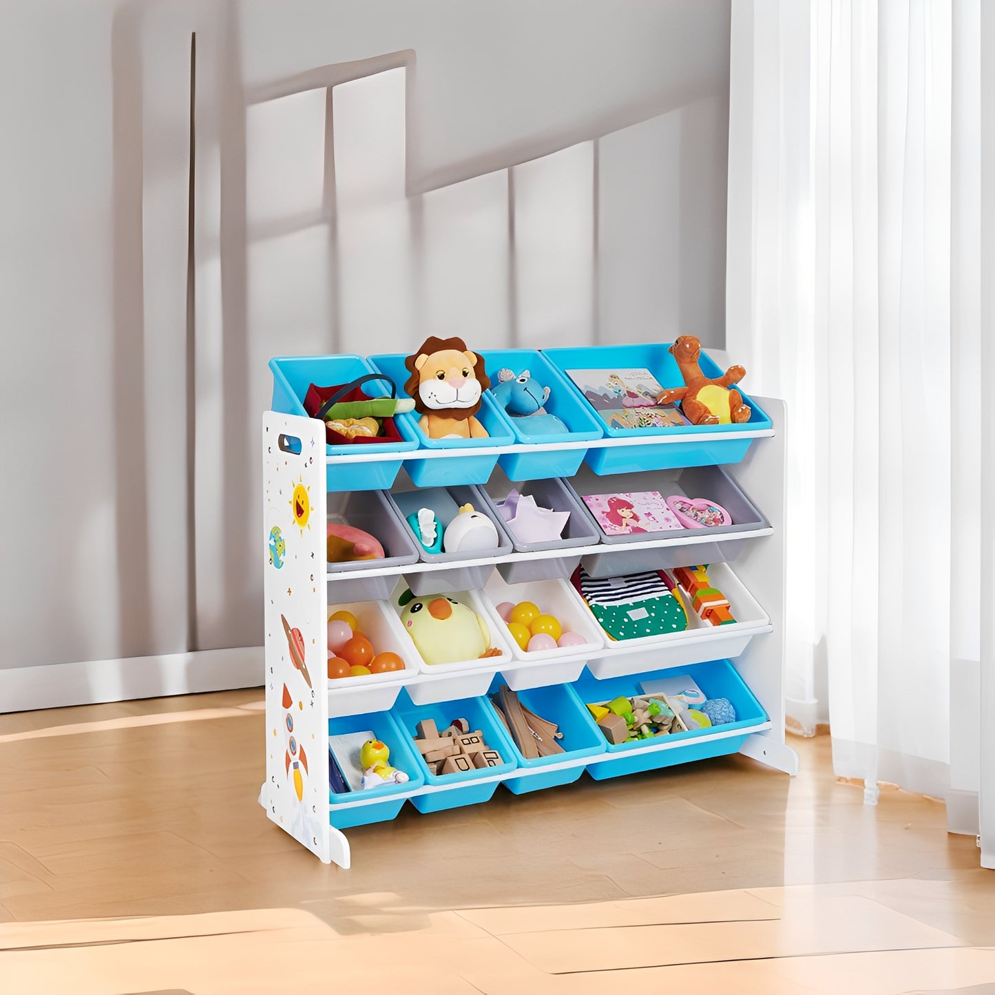 Space Theme 4-Tier Kids Toy Organizer with 16 Removable Bins, Large Storage Rack for Playroom, Bedroom, Nursery, White, Blue, Gray
