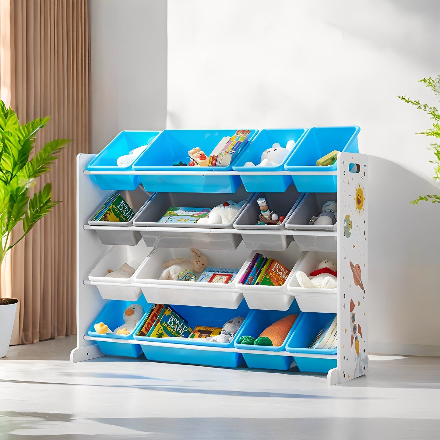 Space Theme 4-Tier Kids Toy Organizer with 16 Removable Bins, Large Storage Rack for Playroom, Bedroom, Nursery, White, Blue, Gray
