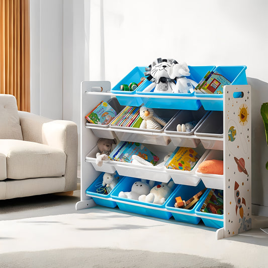 Space Theme 4-Tier Kids Toy Organizer with 16 Removable Bins, Large Storage Rack for Playroom, Bedroom, Nursery, White, Blue, Gray