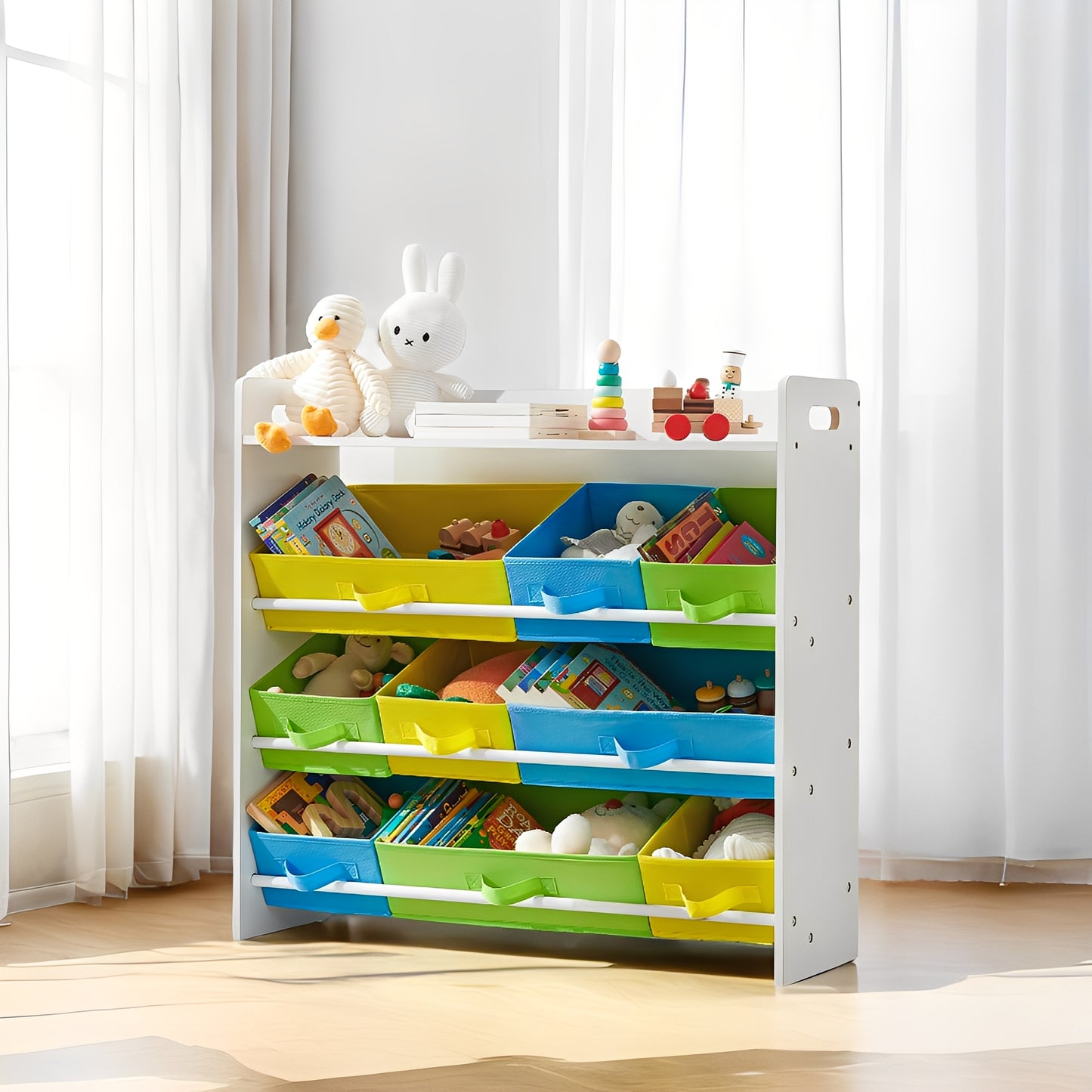 Kids 9-Bin Toy Organizer with Top Book Shelf, Non-Woven Storage Cubes, Nursery Playroom Storage Unit with Anti-Tip Straps, White, Multi-Color
