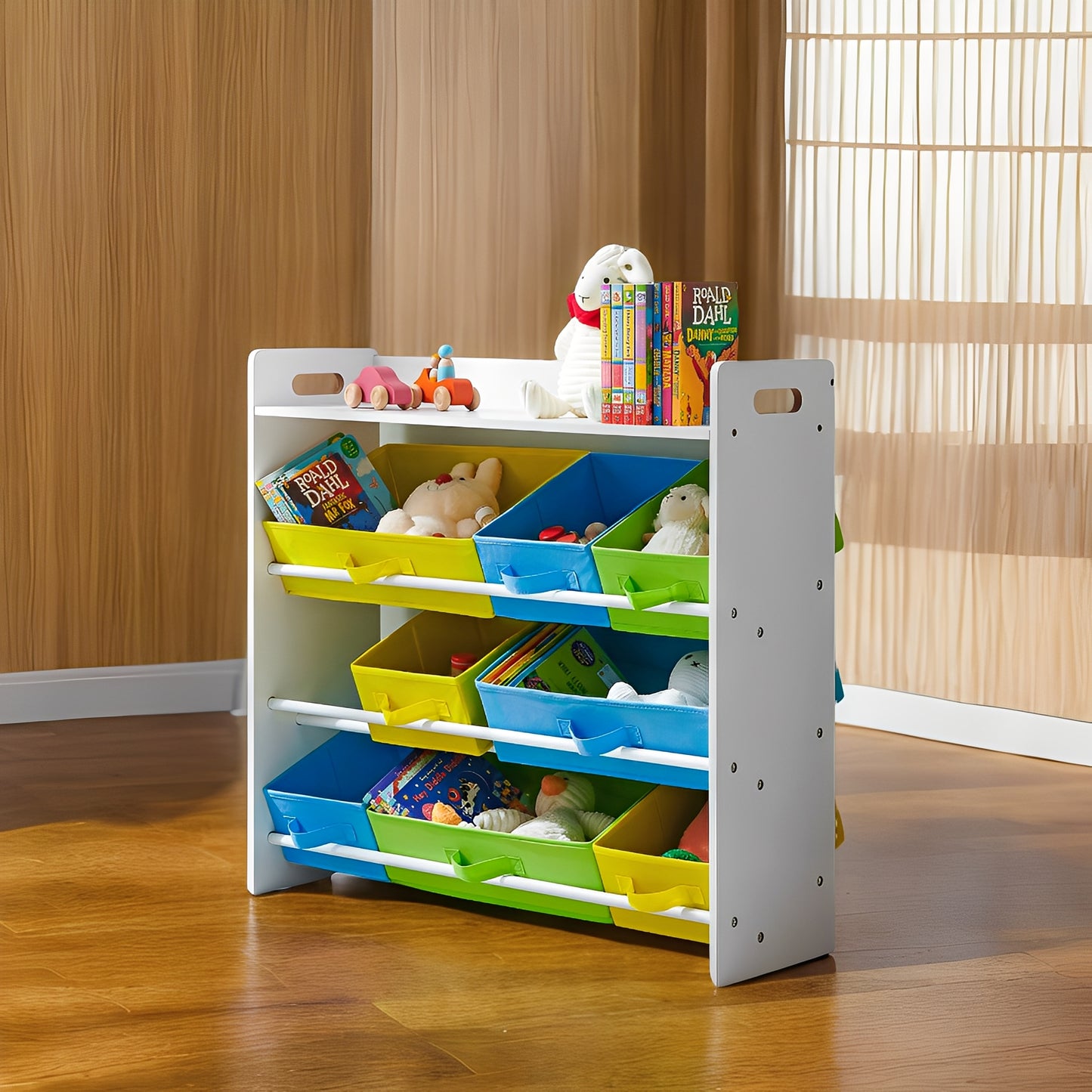 Kids 9-Bin Toy Organizer with Top Book Shelf, Non-Woven Storage Cubes, Nursery Playroom Storage Unit with Anti-Tip Straps, White, Multi-Color