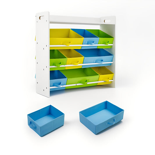 Kids 9-Bin Toy Organizer with Top Book Shelf, Non-Woven Storage Cubes, Nursery Playroom Storage Unit with Anti-Tip Straps, White, Multi-Color