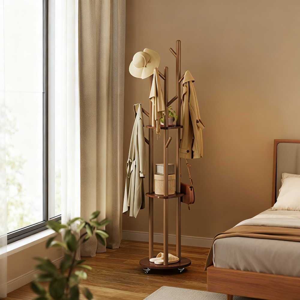 Freestanding Coat Rack Stand with 11 Hooks & 3 Shelves, Wooden Coat Tree with Removable 361° Swivel Wheels, for Entryway, Bedroom, Walnut Brown