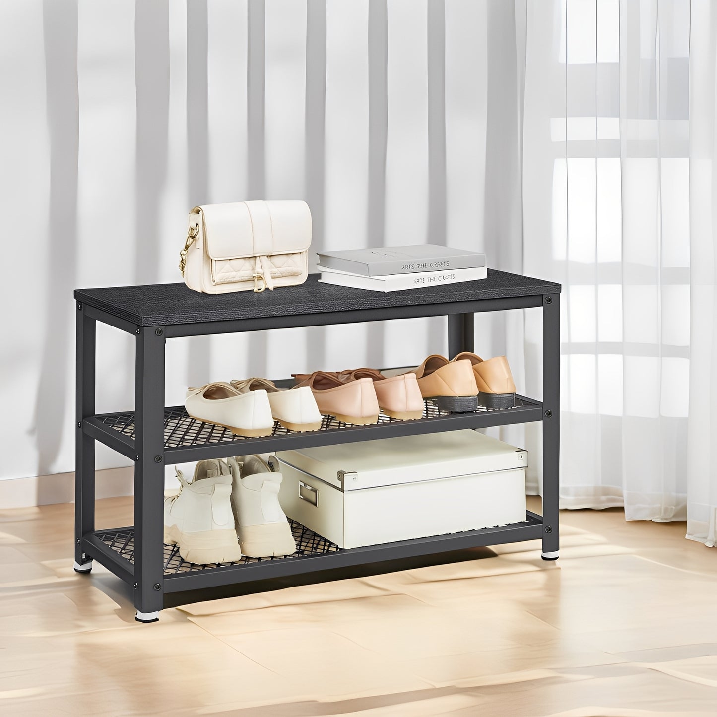 3-Tier Shoe Rack Bench with Seat, Free Standing Shoe Organizer Storage Shelf for Entryway Hallway, Holds 6-8 Pairs,  Black