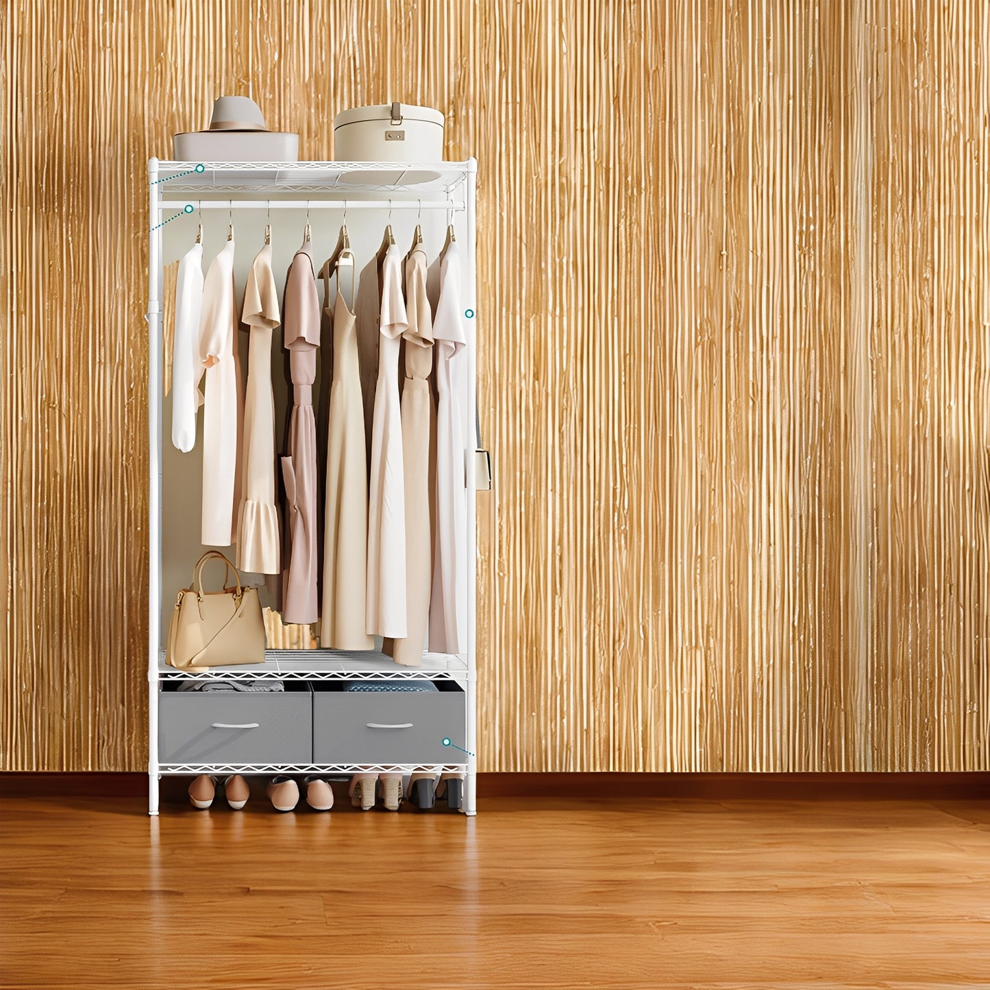Heavy-Duty Garment Rack with Shelves & Drawers, Freestanding Clothes Organizer with Hanging Rail and Hooks, No-Tool Assembly, Cloud White and Dove Gray
