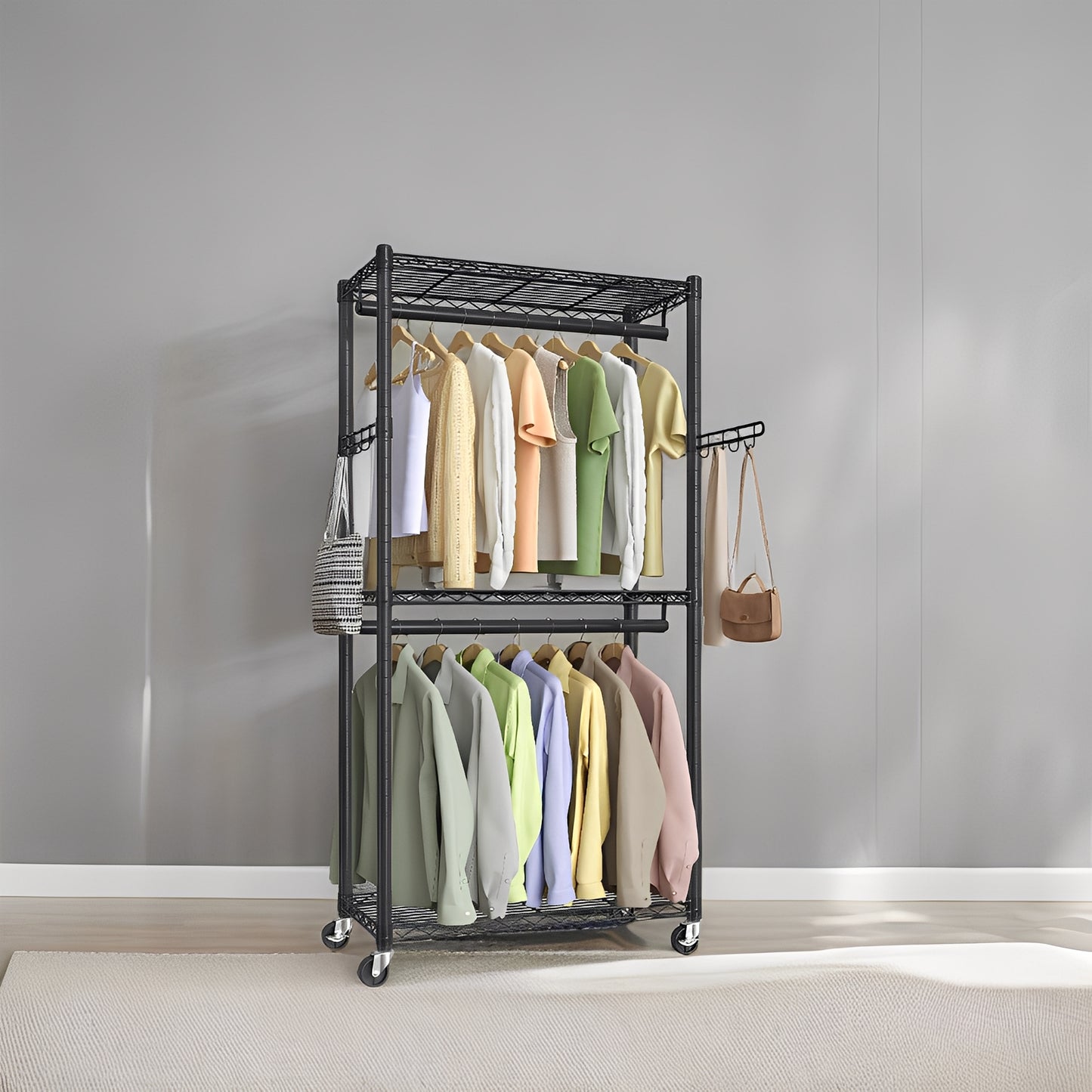 Heavy-Duty Rolling Garment Rack with Adjustable Shelves, 2 Hanging Rails & Wheels, Portable Closet Organizer, Tool-Free Assembly,Black