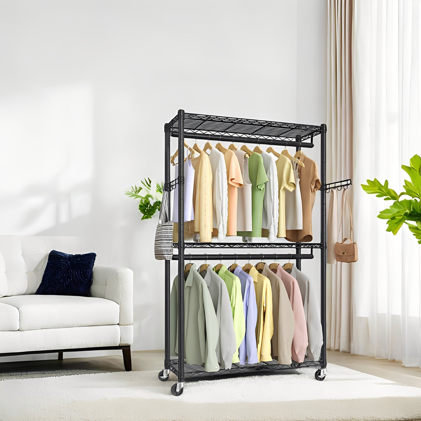 Heavy-Duty Rolling Garment Rack with 2 Rails & Shelves, Mobile Closet Organizer with Wheels, Tool-Free Assembly, 302lb Capacity, Black