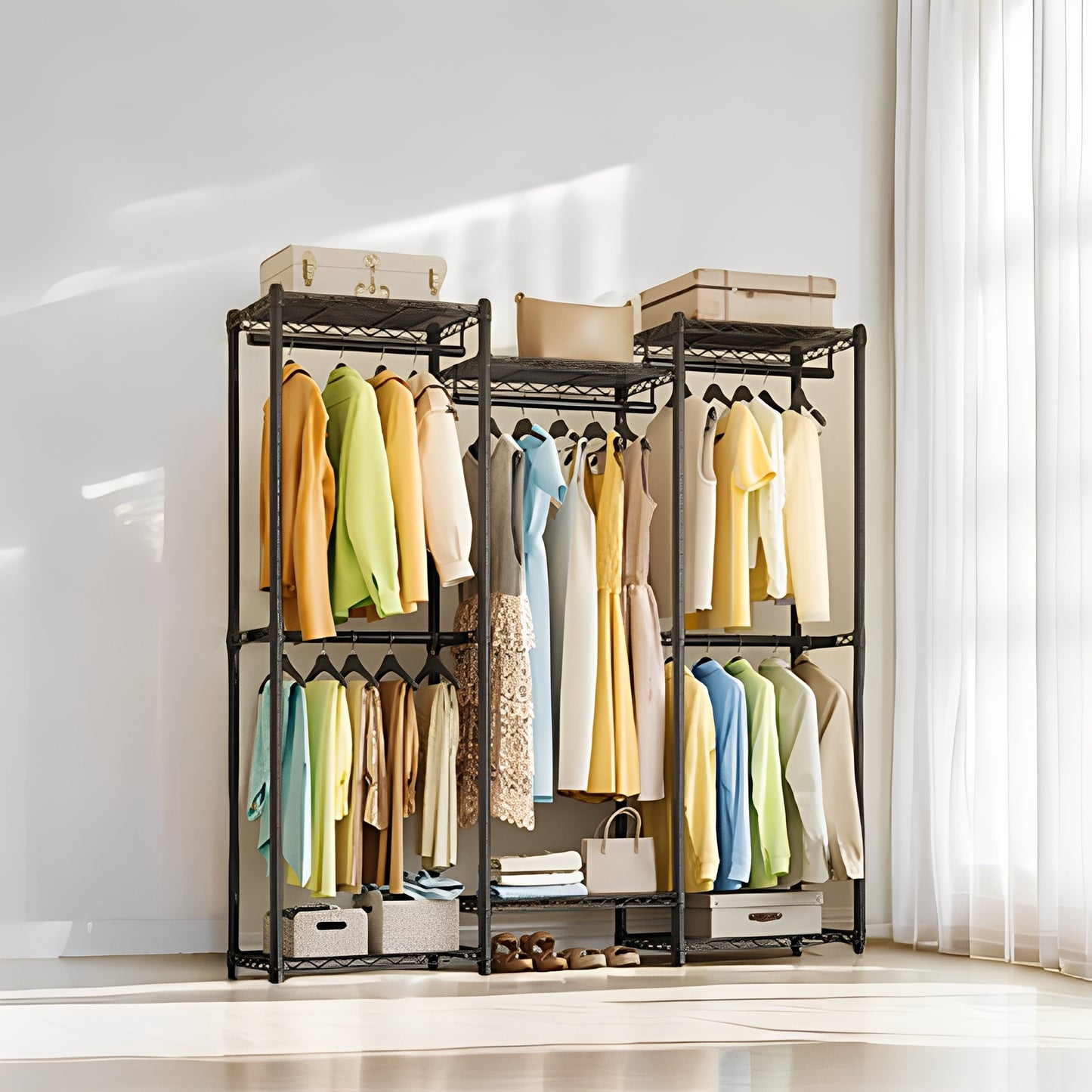 Heavy-Duty Garment Rack, 56.9-Inch Wide Portable Closet with 5 Rails & 6 Shelves, No-Tool Assembly, 419lb Capacity, Ink Black